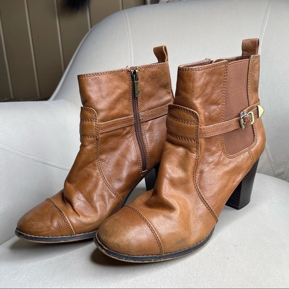 Giani Birnini Women's 9 Tan Leather Cognac Ankle Booties Boots Block Heel - Picture 1 of 5